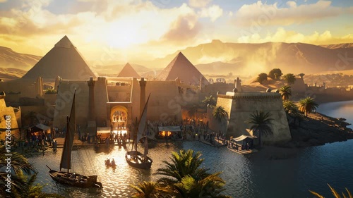 Ancient Egyptian civilization at sunrise — majestic temples, sacred river, desert cities, royal pharaoh, ancient well and oasis, golden light over army chariots, timeless empire and historical journey