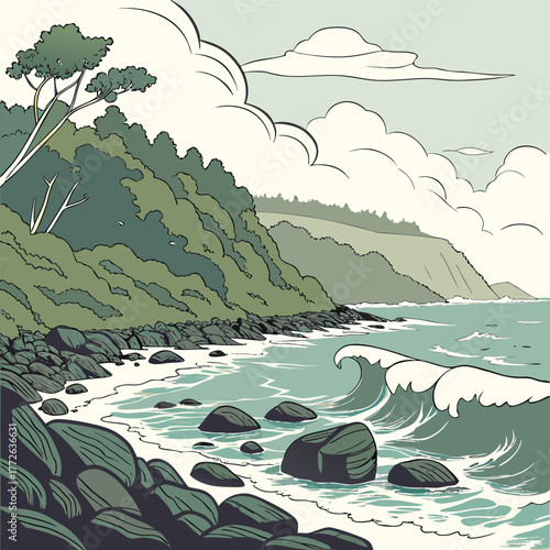 Serene ocean waves gently lap against dark rugged volcanic rocks creating a dramatic coastal landscape illustration with a natural elemental feel