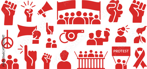 Protest and Activism Silhouette Icon Set – Raised Fists, Placard, March, Demonstration, Civil Rights, Freedom of Speech, Vector Illustration