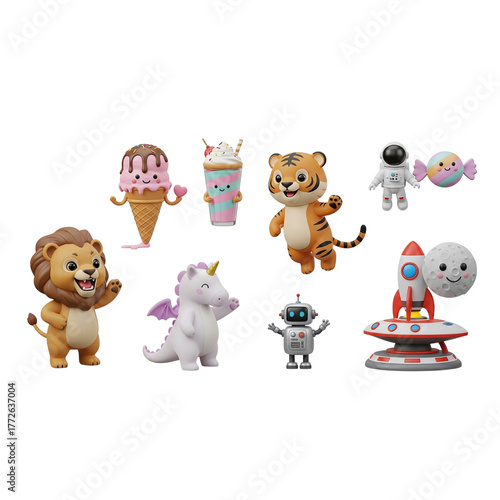 3d illustration of cute cartoon toy collection isolated on transparent background, lion, unicorn, tiger, robot, astronaut transparent background png
