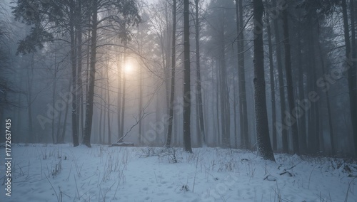 Foggy winter forest landscape with snow-covered trees, erosion risk