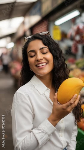Beautiful curly woman smelling ripe mango at farmers market and smiling happily at camera