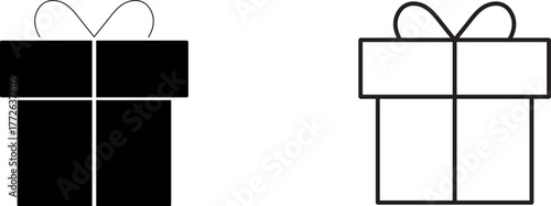 Two gift boxes in black and white designs showing festive presents for celebrations and holidays