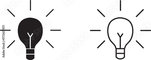 Light bulbs with rays symbolizing ideas and inspiration created in a minimalist design style, suitable for modern graphics