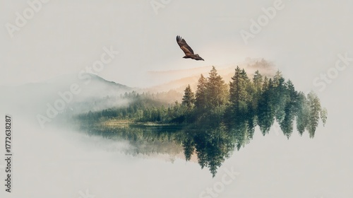 Minimalistic nature landscape with inverted forest reflection and flying eagle.