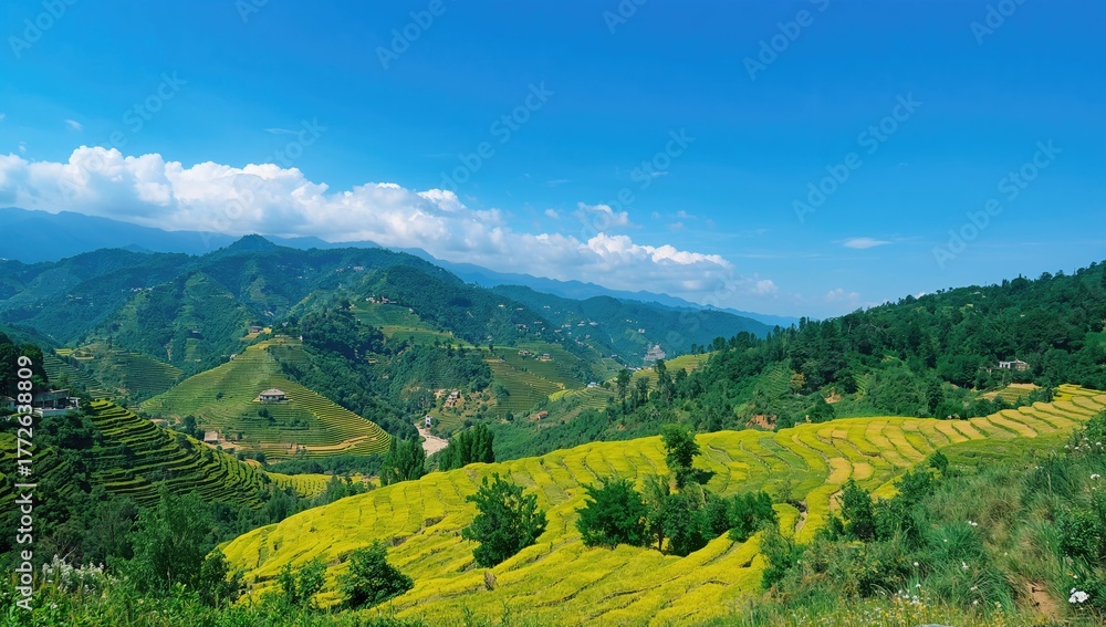 Naklejka premium Lush green terraced fields in a mountainous landscape, showcasing seasonal change