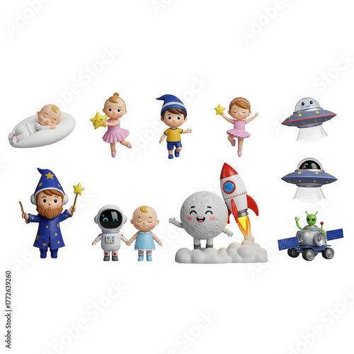 3d illustration of collection of cute miniature toys isolated on transparent background representing childhood dreams transparent background png