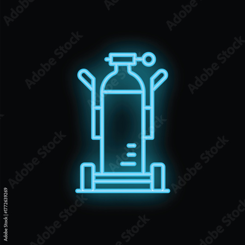 Blue neon icon of an oxygen tank glowing on dark background