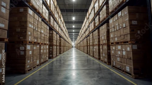 Wallpaper Mural Large modern warehouse interior filled with organized stacks of cardboard boxes on high industrial shelves under bright artificial lighting Torontodigital.ca