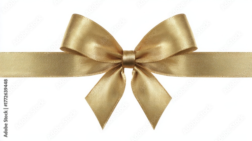Fototapeta premium Golden bow on white background, shiny decorative ribbon for gift wrap, festive celebration ornament for holiday, party, wedding, birthday and Christmas concepts
