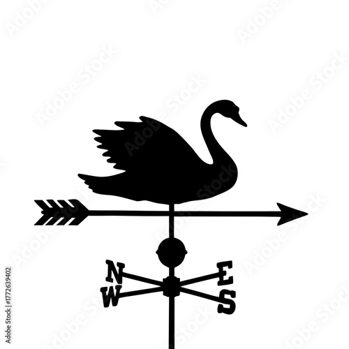 Swan weather vane silhouette with cardinal directions, яtransparent background, isolated, vector  