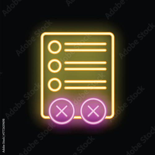 Neon glowing icon of a clipboard with a checklist and two cross marks at the bottom, indicating disapproval or rejection
