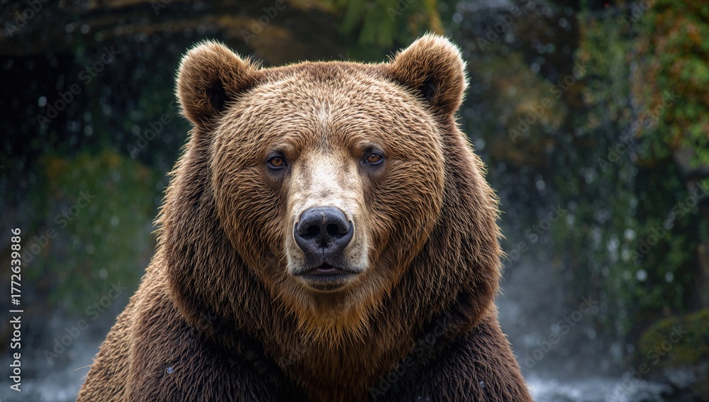 Fototapeta premium Brown Grizzly Bear Near a Waterfall, wildlife observation, Earth Day