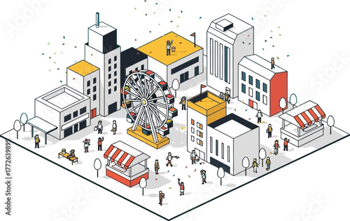 Isometric city with buildings, ferris wheel and people on blue background