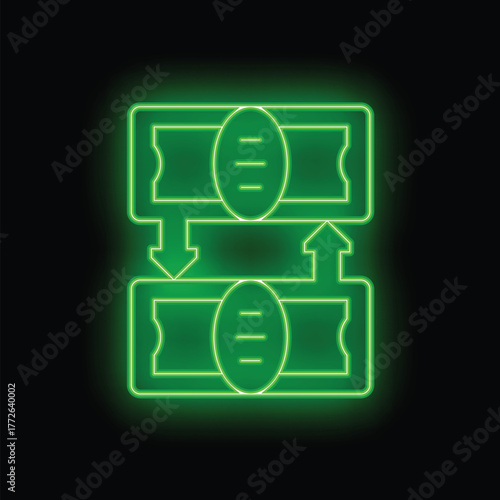 Neon green glowing icon of money transferring from banknotes to banknotes over black background