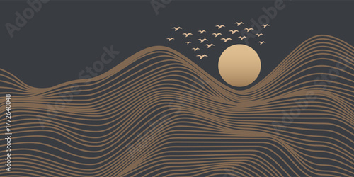 Vector abstract art landscape mountain with birds and sunrise with gold line art texture isolated on dark gray black background.Print