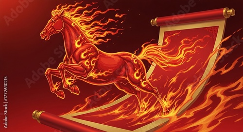 Fiery red horse with Chinese scroll, concept of power and prosperity for Chinese New Year, Chinese zodiac animal, Year of the Horse celebration.