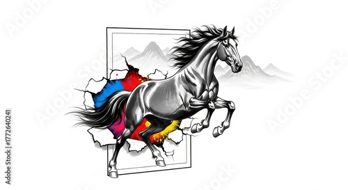 Galloping black and white horse emerging from a torn background with colorful paint splashes, symbolizing creativity and speed for dynamic design.