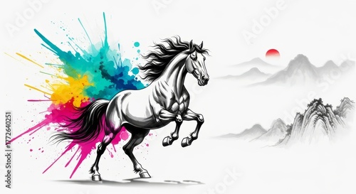 Running horse with ink splash. New Year, Chinese New Year, Lunar New Year festival. Traditional chinese animal zodiac symbol for good fortune.