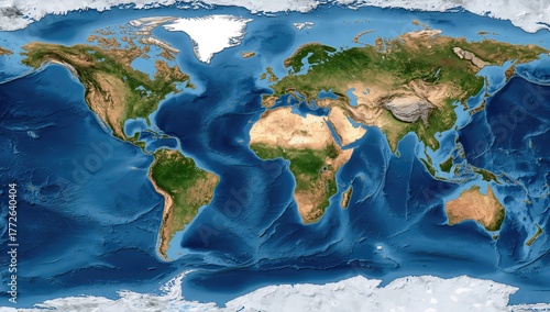 Flat depiction of Earth on a geographical map, showcasing geographical features and oceanic details