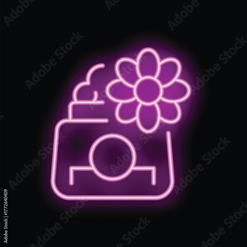 Glowing neon pink outline of a cosmetic cream jar with a flower shaped lid, evoking natural and floral ingredients for beauty products