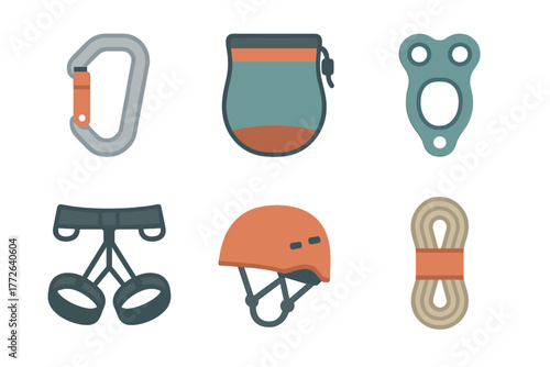 Rock climbing and mountaineering equipment set including carabiner, helmet, harness, rope, and chalk bag