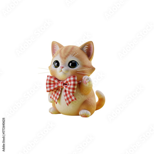 3d illustration of adorable ginger kitten figurine with a red checkered bow tie isolated on transparent background transparent background png
