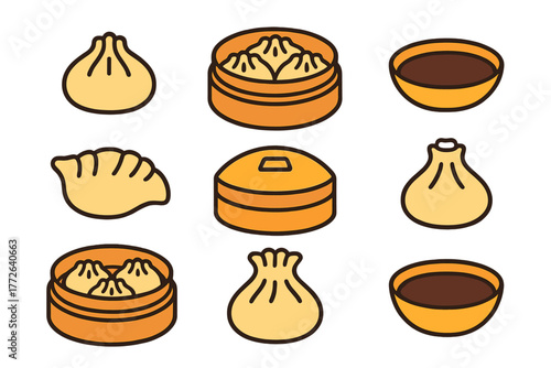 Set of Asian dumplings, steamed buns, and potstickers with bamboo baskets and sauce bowls