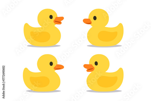 Simple graphic representation of four classic yellow rubber ducks for bath time fun