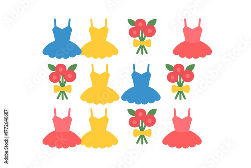 Seamless pattern of colorful ballet tutus and flower bouquets for textile design