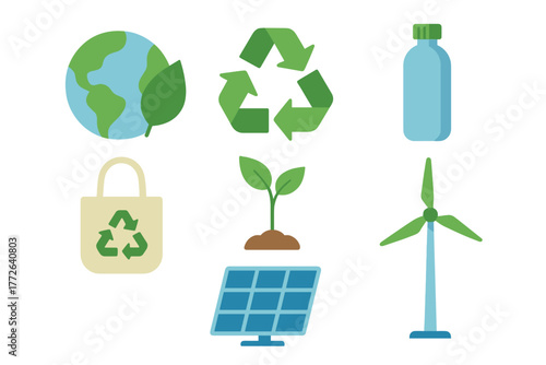 Environmental and sustainable energy concepts including recycling, solar power, and wind