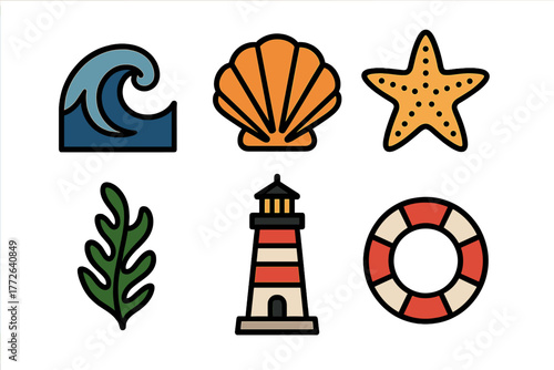 Colorful marine and nautical symbols including ocean wave, seashell, starfish, and lighthouse