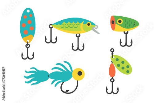 Colorful assortment of fishing lures including spoons, crankbaits, and jigs