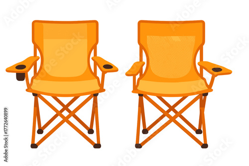 Bright orange portable folding camping chairs with armrests and integrated cup holders