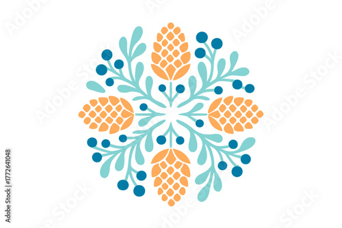 Symmetrical folk art pattern with stylized pine cones and berries in a circular arrangement