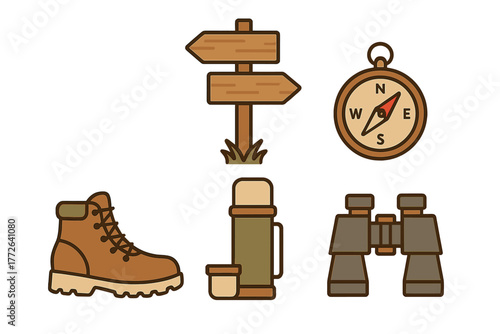 Set of essential outdoor adventure and hiking equipment including compass boots and signpost