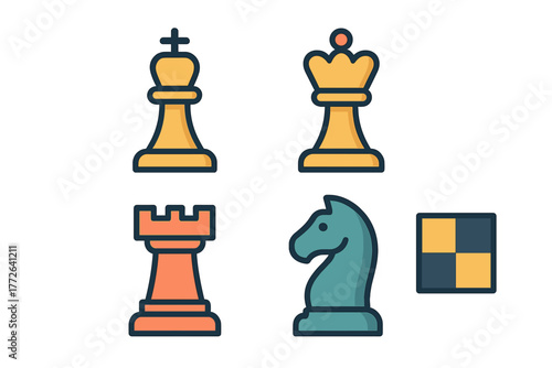 Colorful set of chess pieces featuring king queen rook and knight icons for strategic gameplay