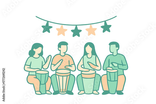 Four musicians playing traditional hand drums during a festive outdoor performance