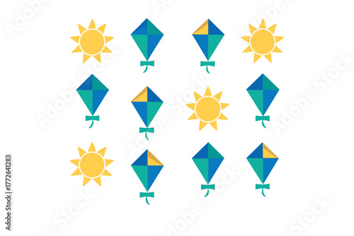 Bright yellow suns alternating with colorful diamond shaped kites in a repeating design