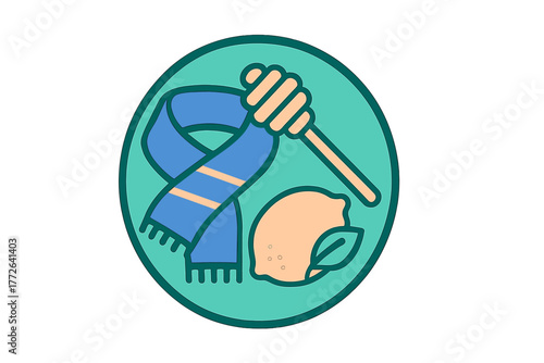 Warm scarf, fresh lemon, and honey dipper symbolizing winter comfort and cold remedies