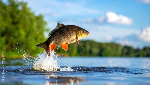 Fototapeta Naklejka Na Ścianę i Meble -  Fish leaps from blue water, splash frozen. Forest backdrop under sky with clouds