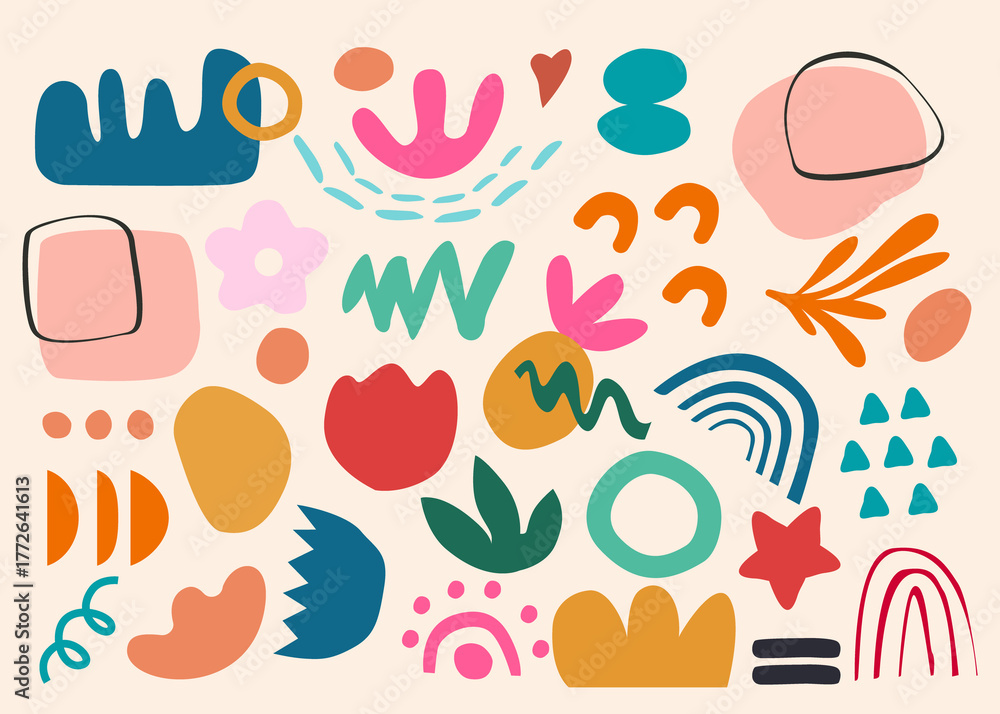 Naklejka premium Boho Style Abstract Hand-Drawn Shapes and Colorful Doodles