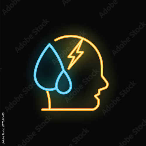Neon sign representing headache migraine suffering with sweat and lightning bolt