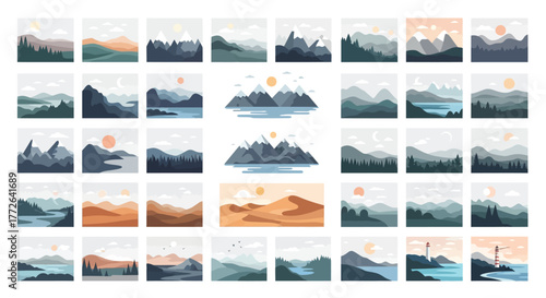 Explore stunning scenic landscapes with mountains, forests, deserts, and oceans for travel inspiration and branding, bringing nature's tranquility to your designs