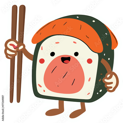 Smiling Sushi Roll with Tiny Arms Holding Chopsticks | Cute Kawaii Sushi Character Illustration | Adorable Happy Sushi Roll with Utensils | Playful Cartoon Sushi with Cheerful Expression