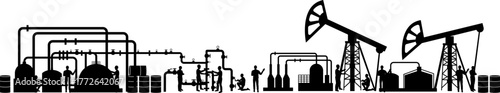 Oil or gas industry concept. Panoramic decoration element. Skyline vector. Silhouette. Horizontal border.