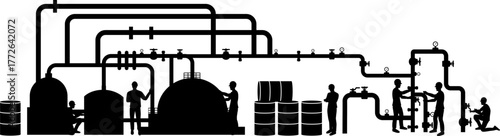 Oil or gas industry concept. Panoramic decoration element. Skyline vector. Silhouette. Horizontal border.