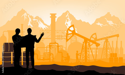 Oil or gas industry illustration. Skyline. Parallax illustration