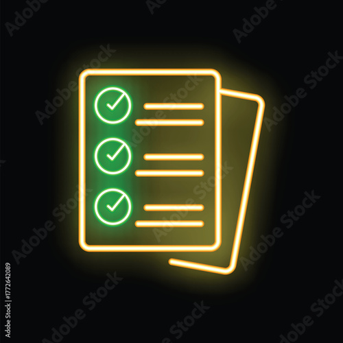 Neon glowing checklist icon is isolated on a black background
