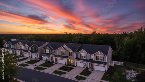 Aerial view of a row of new multi-story single family homes, showcasing vibrant sunset colors, urban density